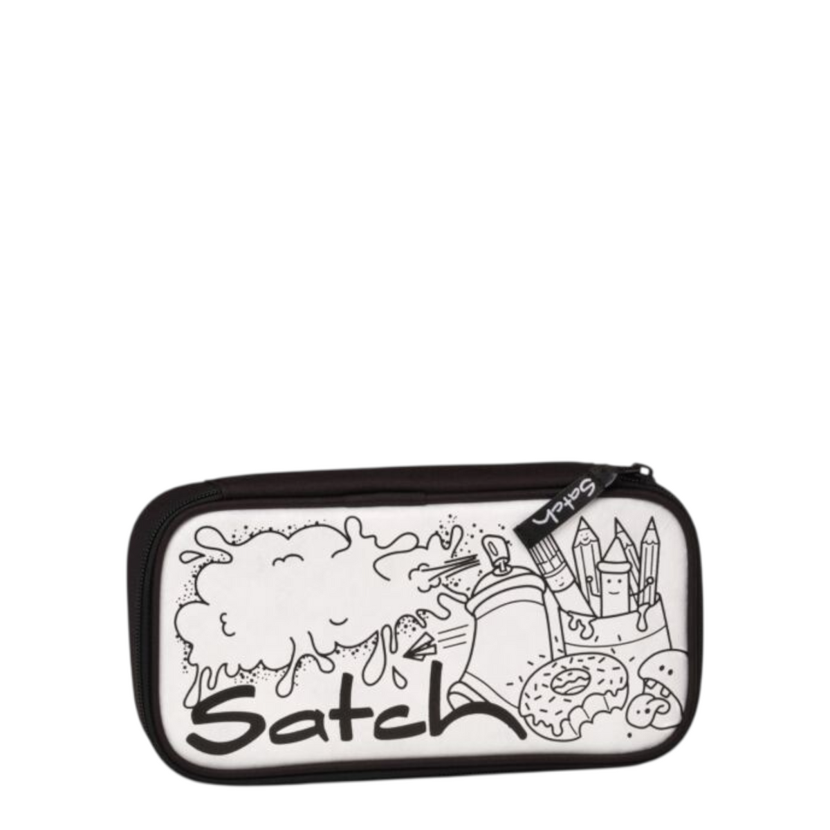 Lieblingstasche Satch pencil case with black and white doodle art featuring a donut, spray can, and pencils