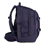 Lieblingstasche Satch school backpack in dark purple with a geometric grid pattern and pink accents, side view