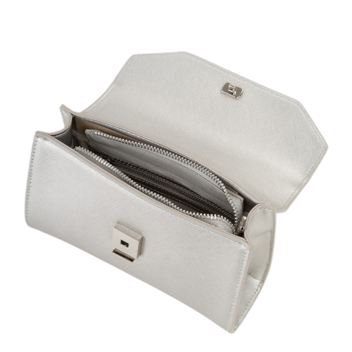 Lieblingstasche Satchel Pandia Re silver metallic leather clutch with zip compartments and clasp closure.