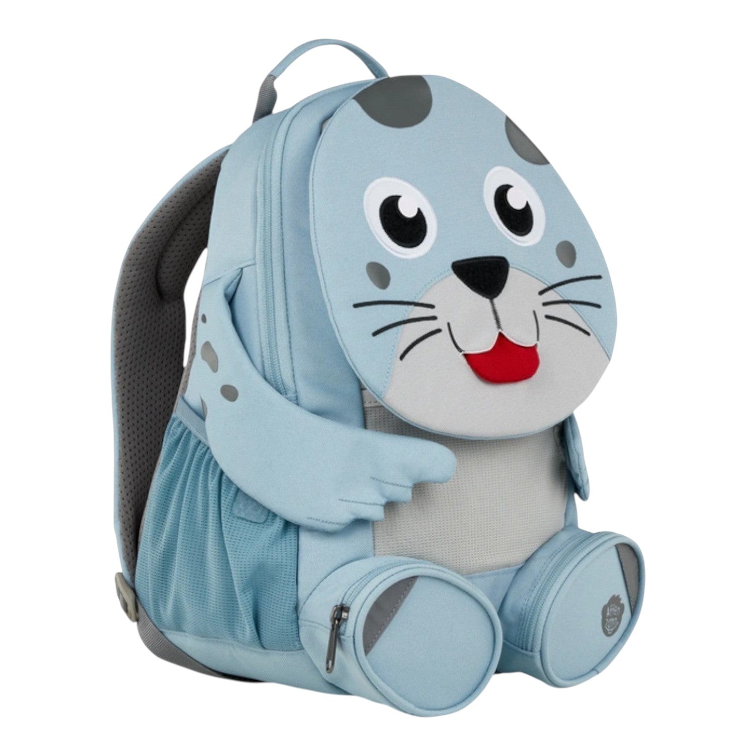 Lieblingstasche light blue seal backpack for kids with cute face, flippers, and side pockets.