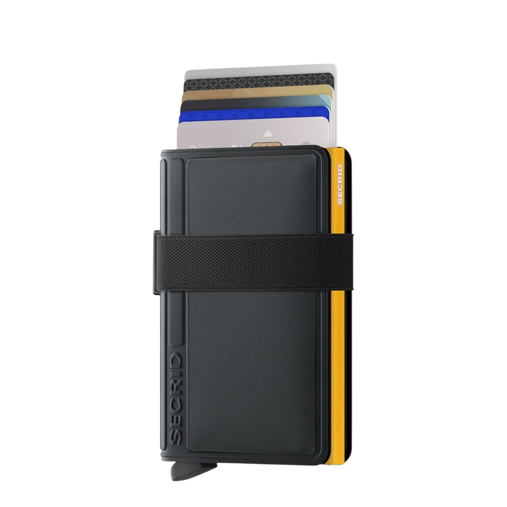 Lieblingstasche Secrid Bandwallet TPU in black with yellow accents, featuring an elastic strap and card protector.