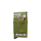Lieblingstasche Secrid Flexwallet in olive green with elastic powernet sleeve holding cards, cash, and a key