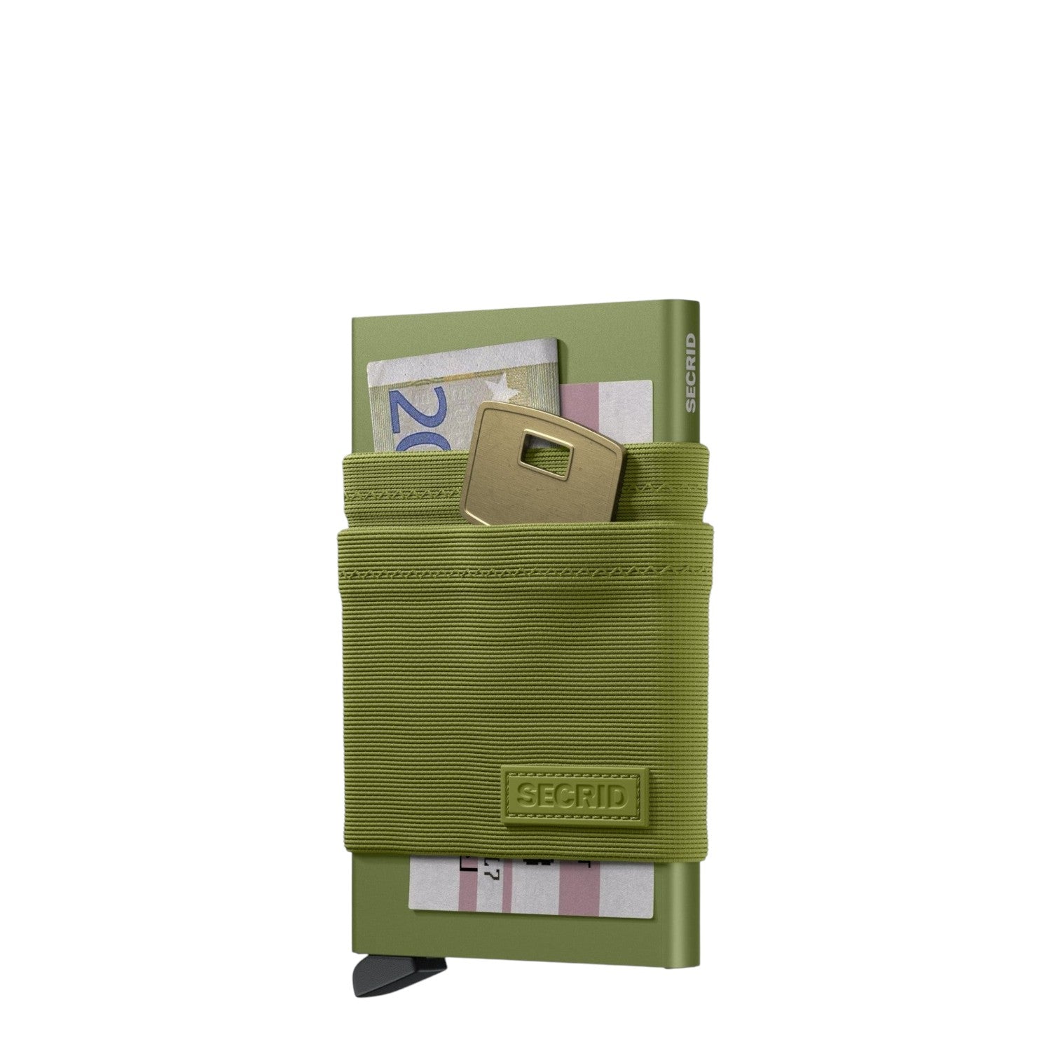 Lieblingstasche Secrid Flexwallet in olive green with elastic powernet sleeve holding cards, cash, and a key