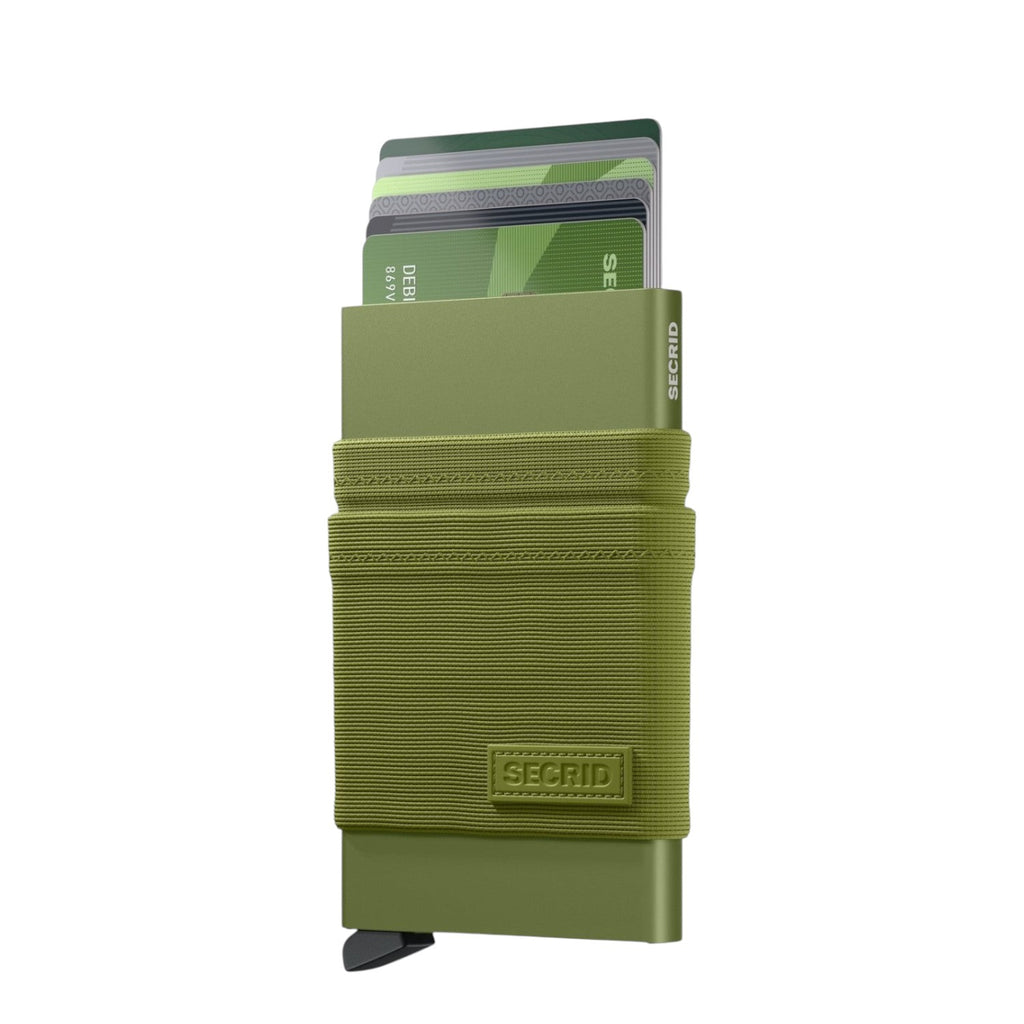 Lieblingstasche Secrid Flexwallet in olive green with elastic powernet textile sleeve and RFID-protected card case