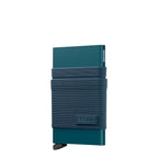 Lieblingstasche Secrid Flexwallet in teal with a flexible elastic powernet textile sleeve and RFID card protector.