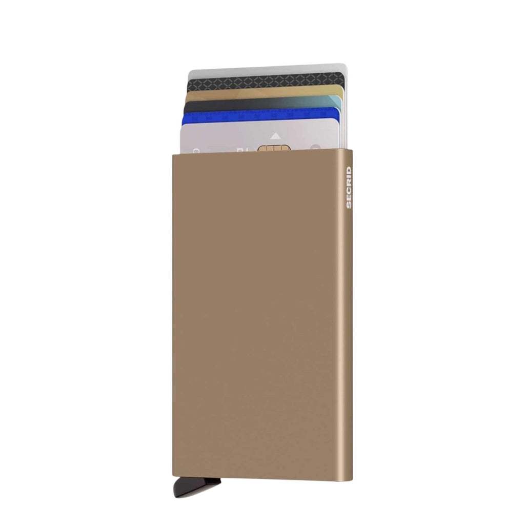Lieblingstasche Secrid Cardprotector in metallic gold with cards sliding out for quick access and RFID protection.