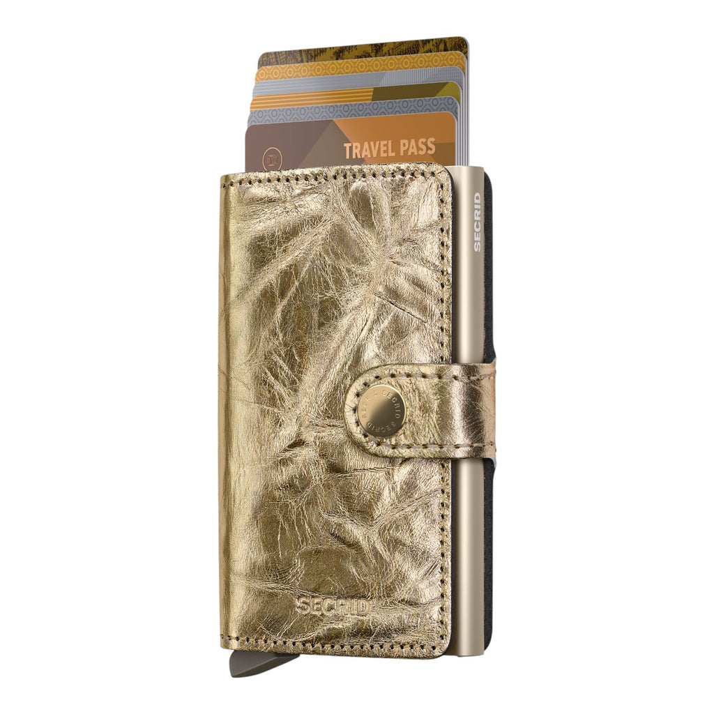 Lieblingstasche Secrid Miniwallet Crunch in metallic gold leather with aluminium card protector and snap closure