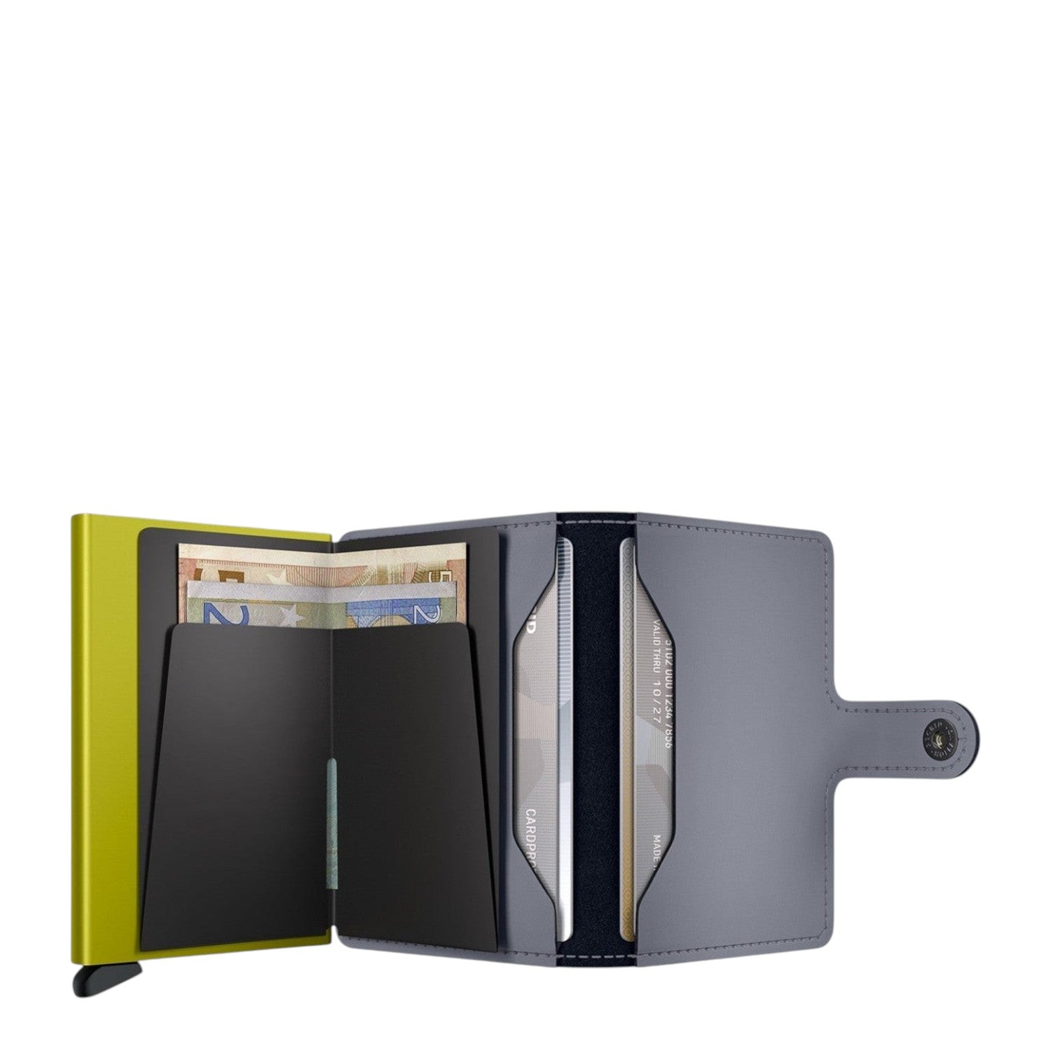 Lieblingstasche Secrid Miniwallet Matte in grey leather with a lime green card protector and internal cash storage.