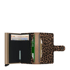Lieblingstasche Secrid Miniwallet Leo with leopard print leather, gold card protector, and RFID protection.