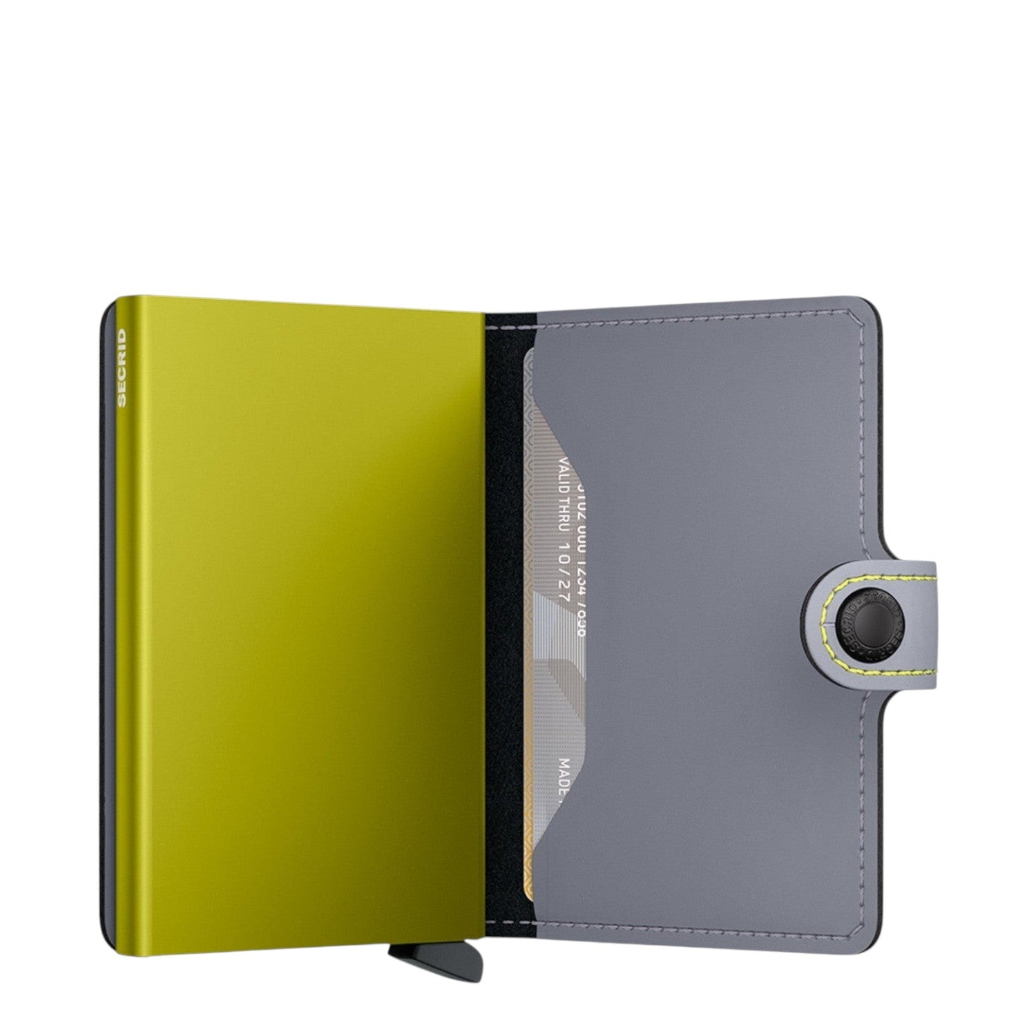 Lieblingstasche Secrid Miniwallet Matte in lime green and grey leather with RFID protection and card mechanism