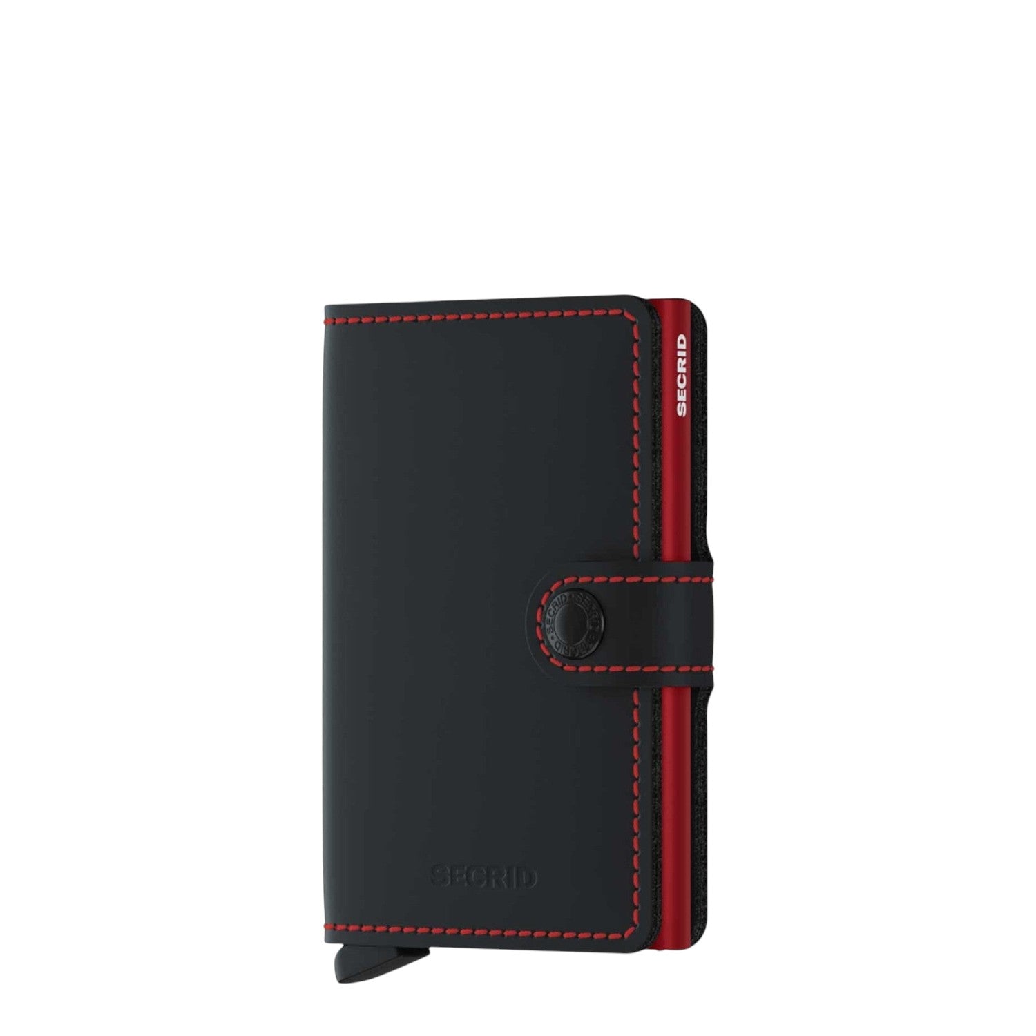 Lieblingstasche Secrid Miniwallet Matte in black leather with red stitching and a secure snap button closure.