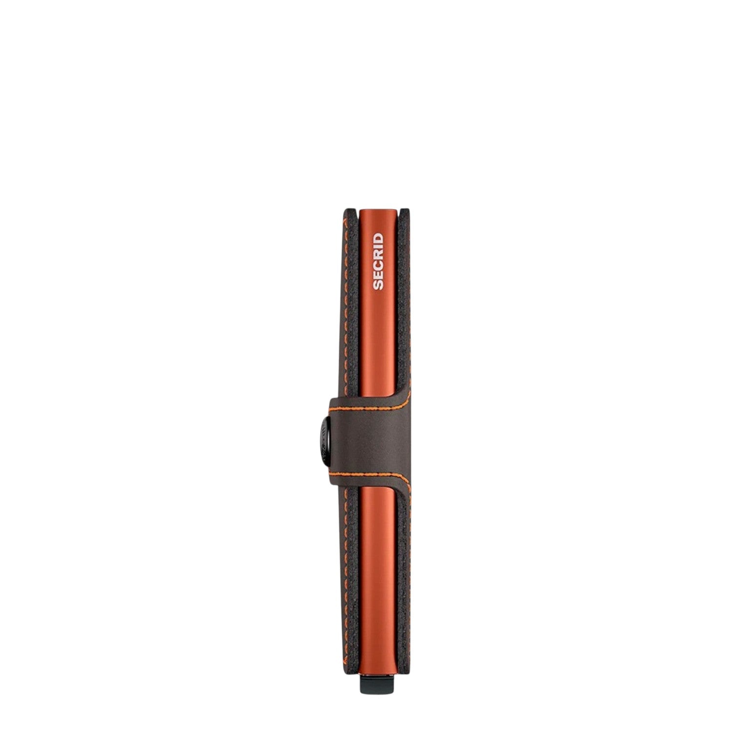 Lieblingstasche Secrid Miniwallet Matte in orange with dark leather casing and contrast stitching, side view