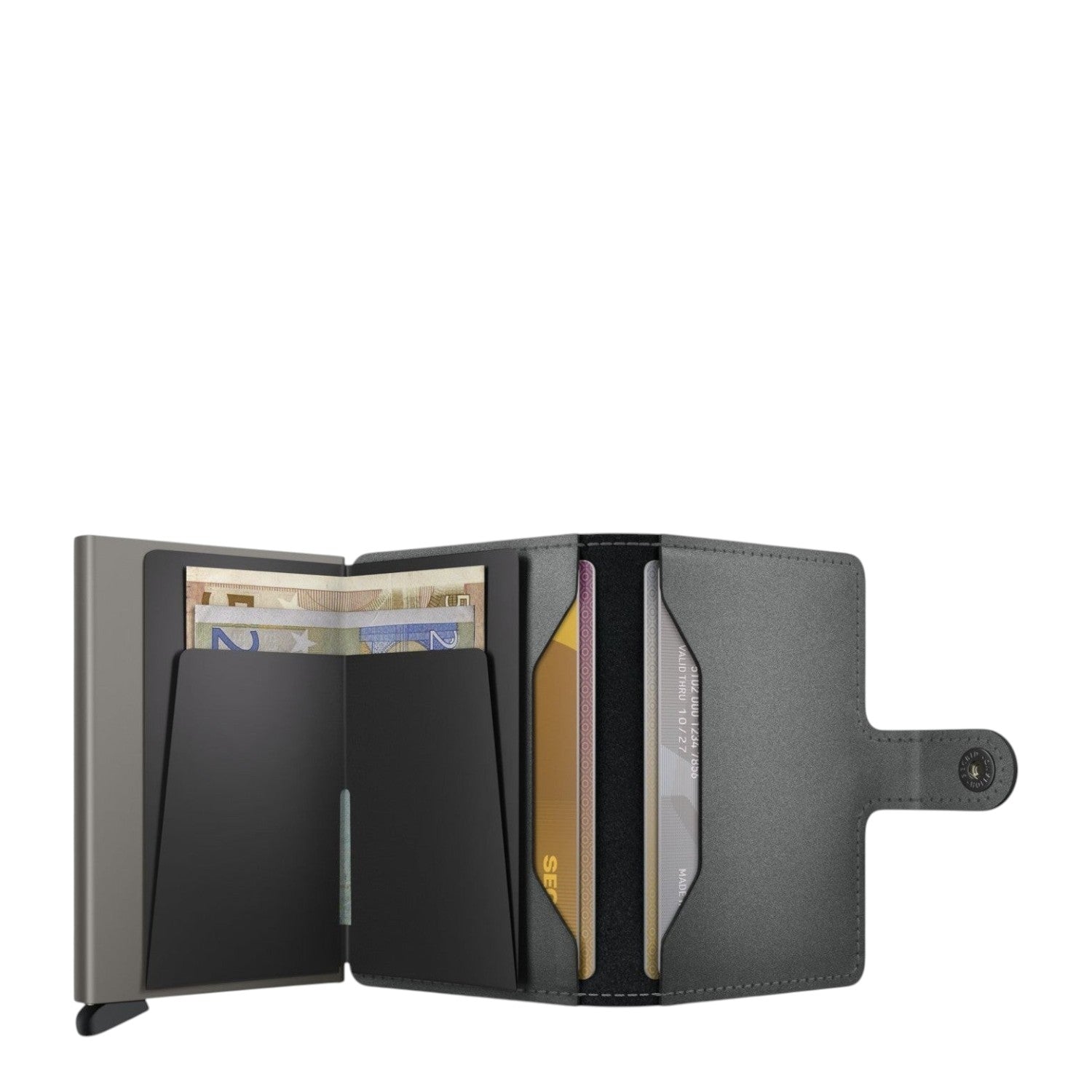 Lieblingstasche Secrid Miniwallet Matte Satin in black with open leather cover, card protector, and cash slots.