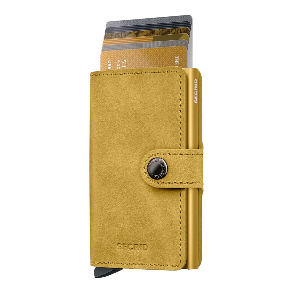 Lieblingstasche Secrid Miniwallet Vintage in mustard yellow leather with aluminium card protector and snap closure