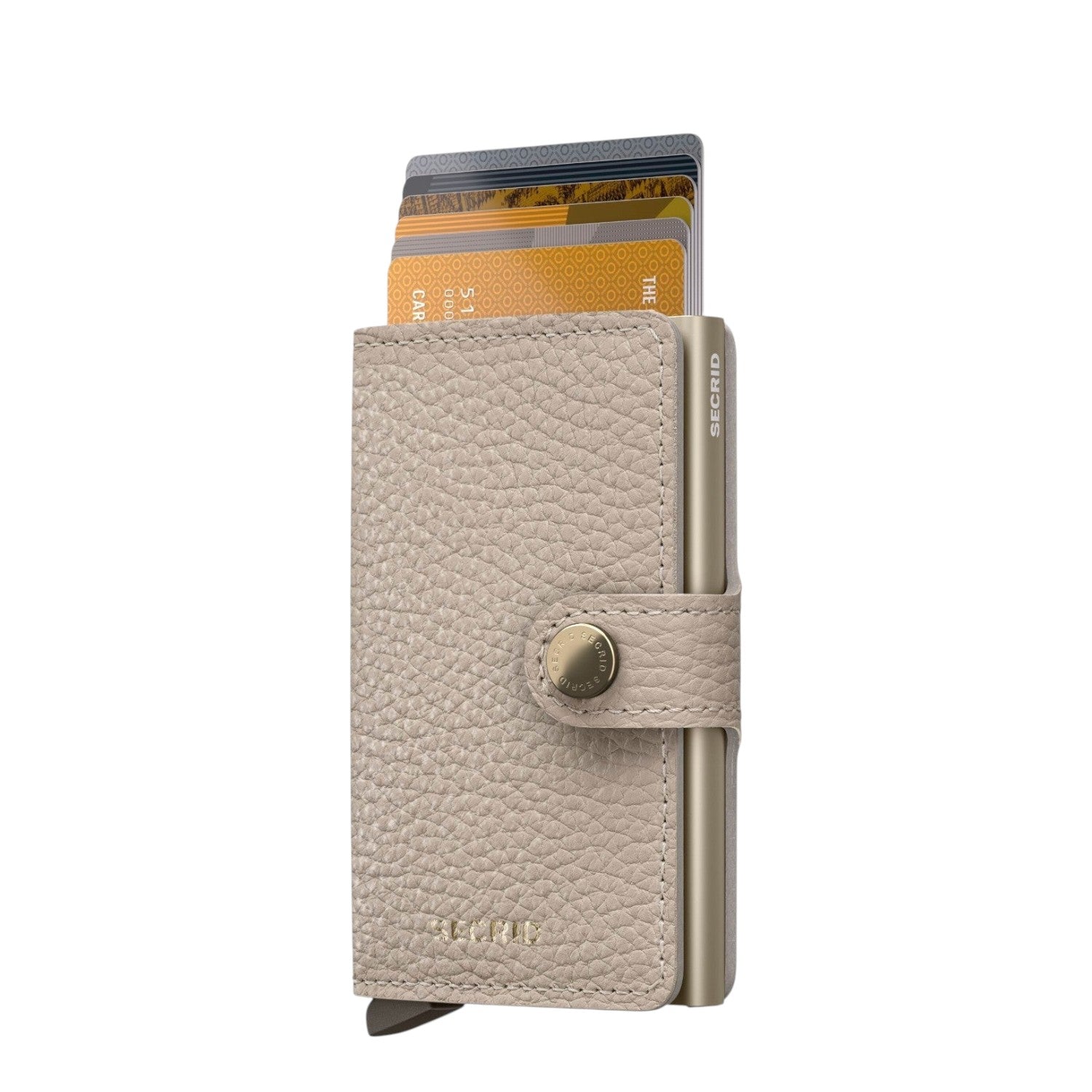 Lieblingstasche Secrid Miniwallet Pebble in beige textured leather with metallic card protector and snap button closure