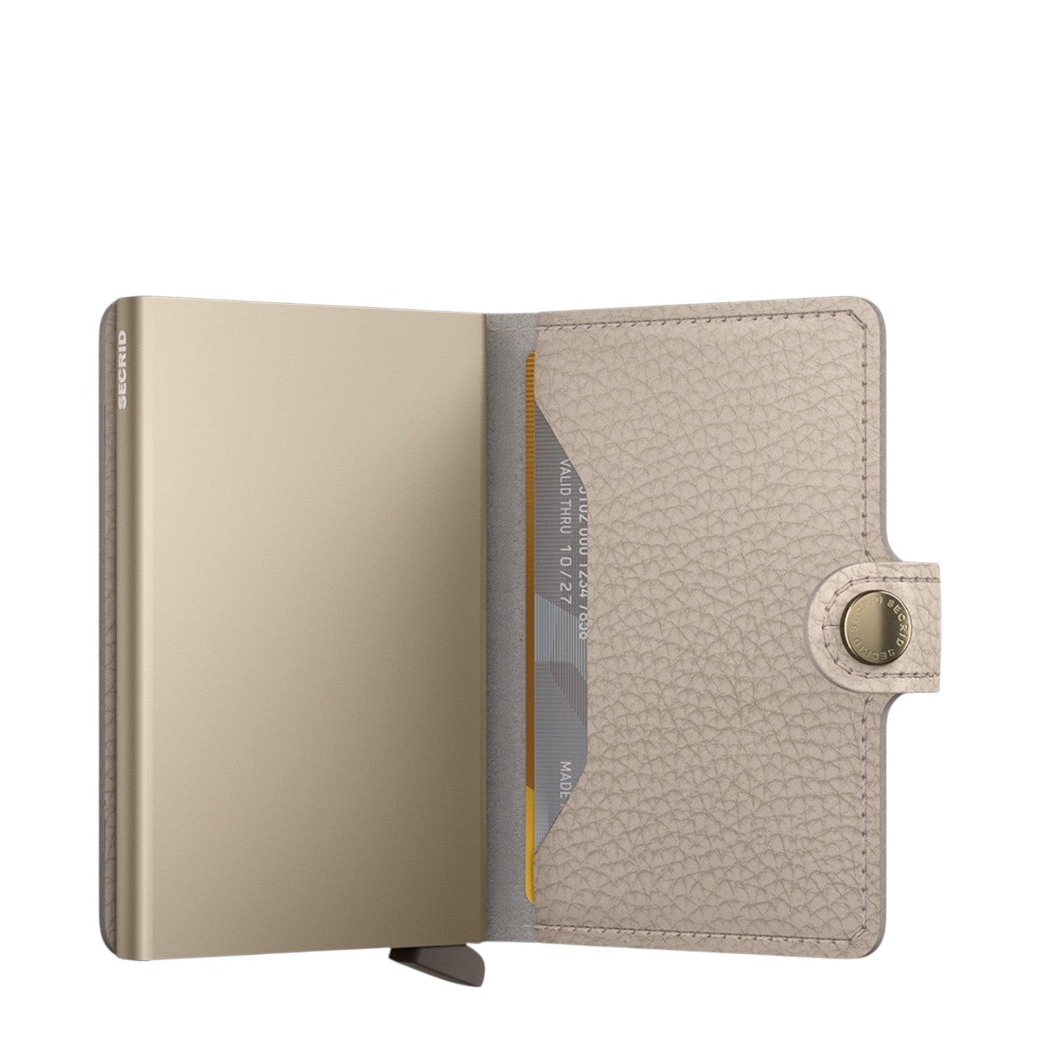 Lieblingstasche Secrid Miniwallet Pebble in beige leather with a metallic card protector and snap button closure