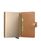Lieblingstasche Secrid Miniwallet Pebble in tan leather with a gold metallic RFID-blocking card protector open view