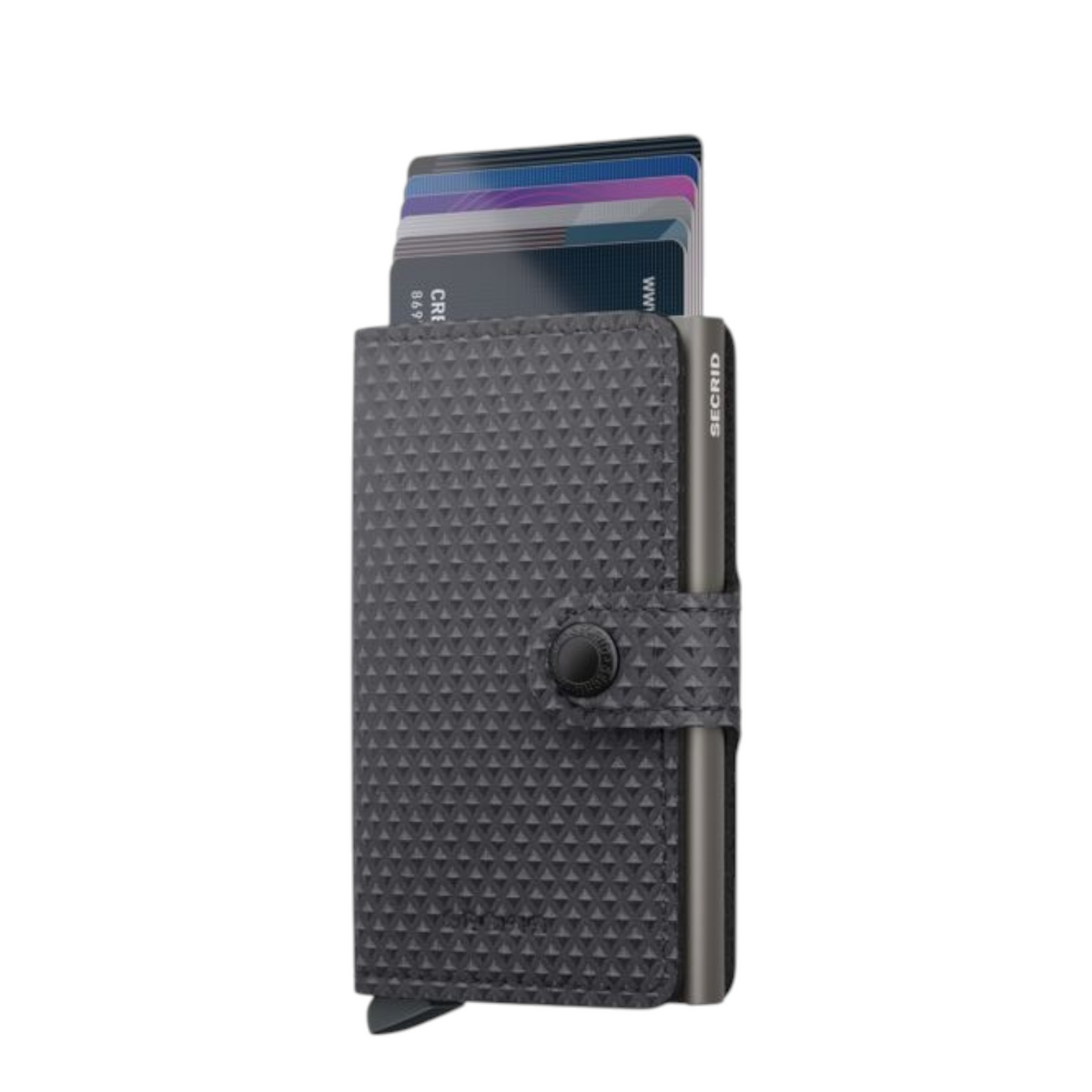 Lieblingstasche Secrid Miniwallet Pyramid in dark grey with a geometric textured pattern and card holder mechanism.