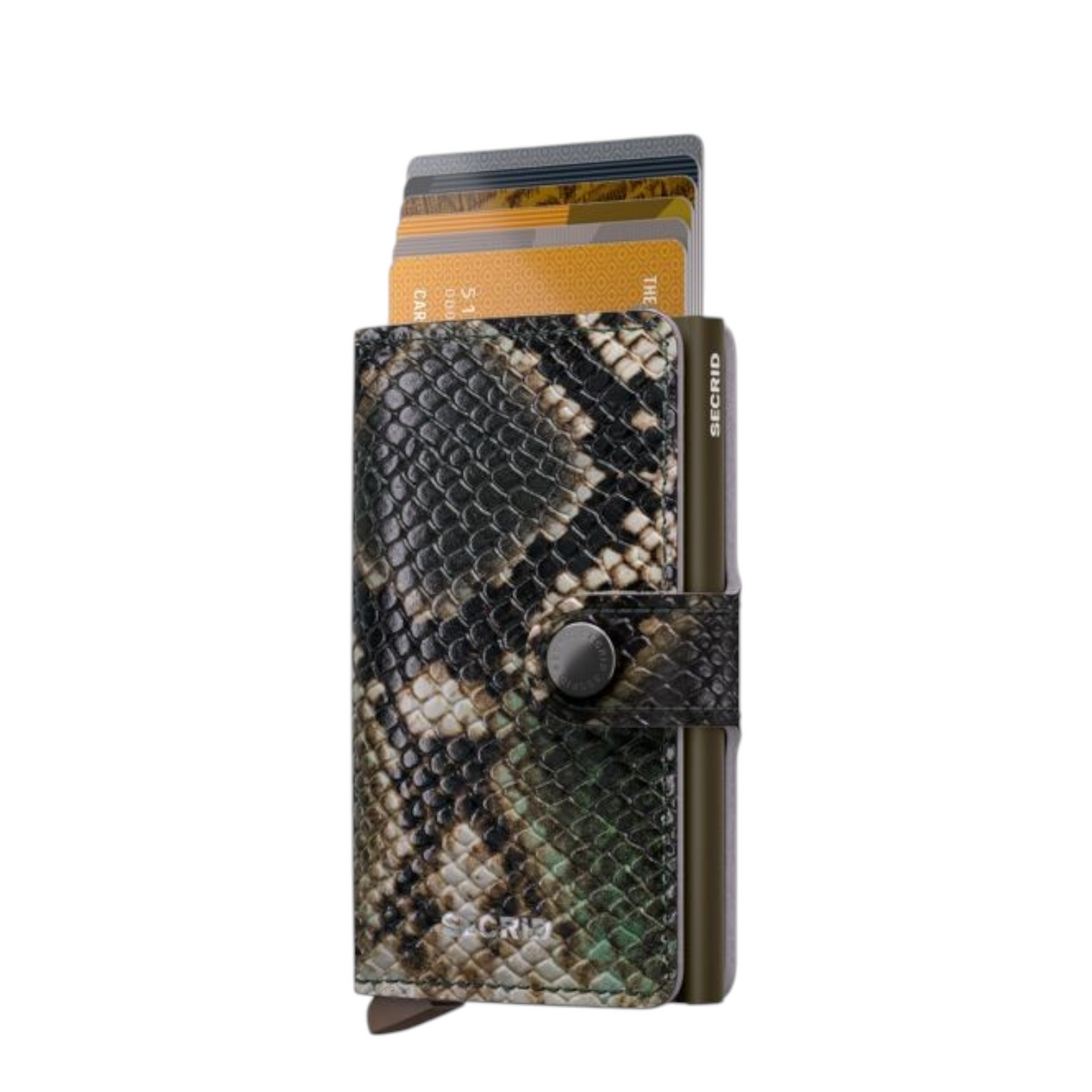 Lieblingstasche Secrid Miniwallet Serpent featuring a green and black snakeskin pattern leather finish with card slots