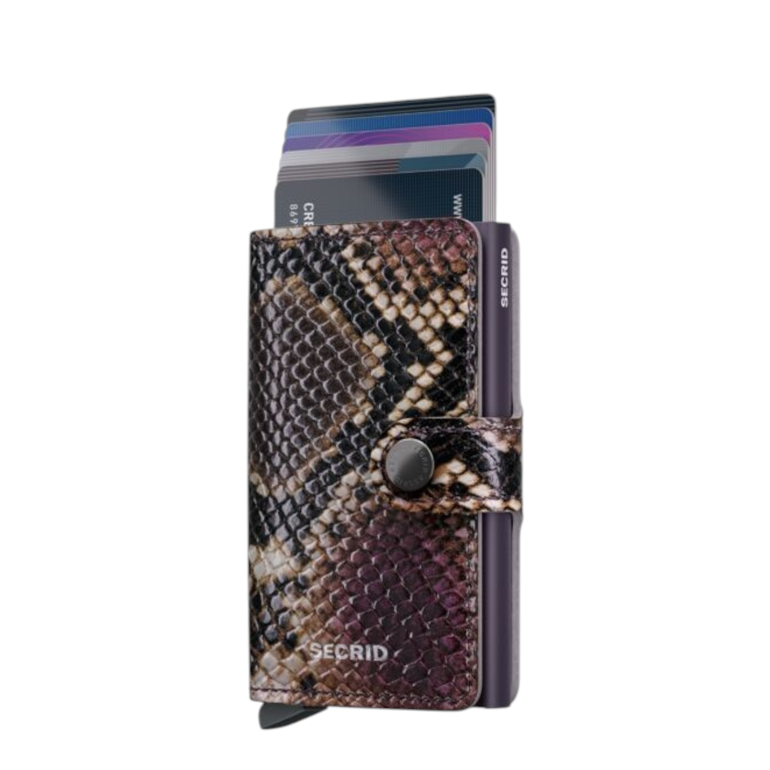 Lieblingstasche Secrid Miniwallet Serpent featuring a brown and purple snakeskin print leather card holder