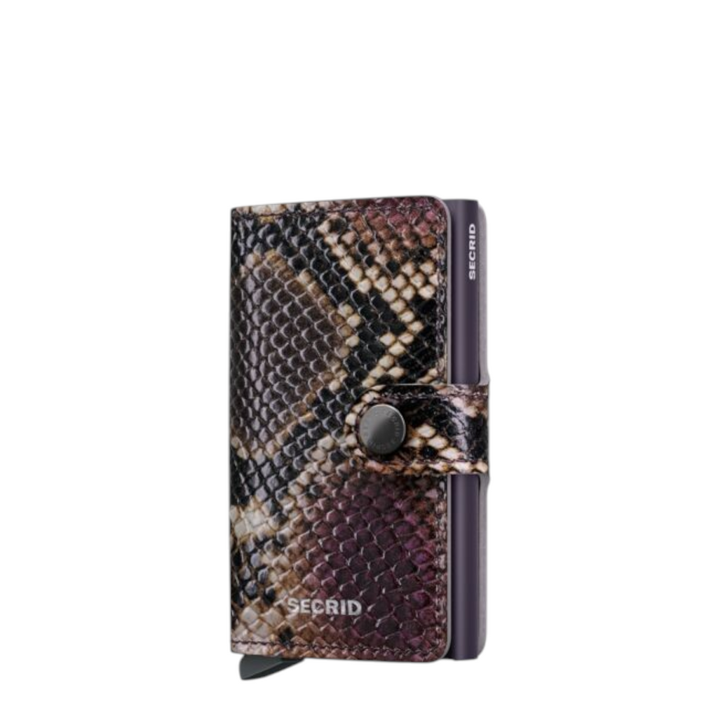 Lieblingstasche Secrid Miniwallet Serpent featuring a dark purple and brown snakeskin embossed leather finish