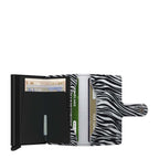 Lieblingstasche Secrid Miniwallet with zebra print leather cover, open to show card protector and cash compartment