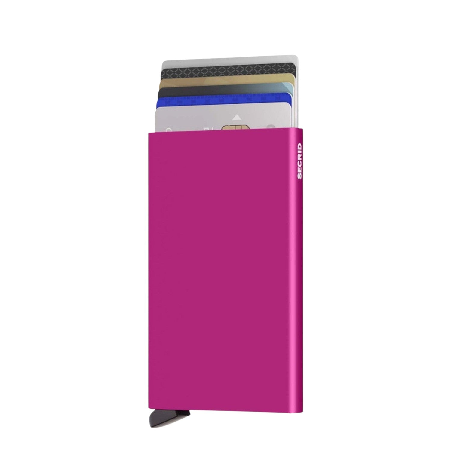 Lieblingstasche Secrid Cardprotector in vibrant pink aluminium with cards sliding out for quick access and RFID safety