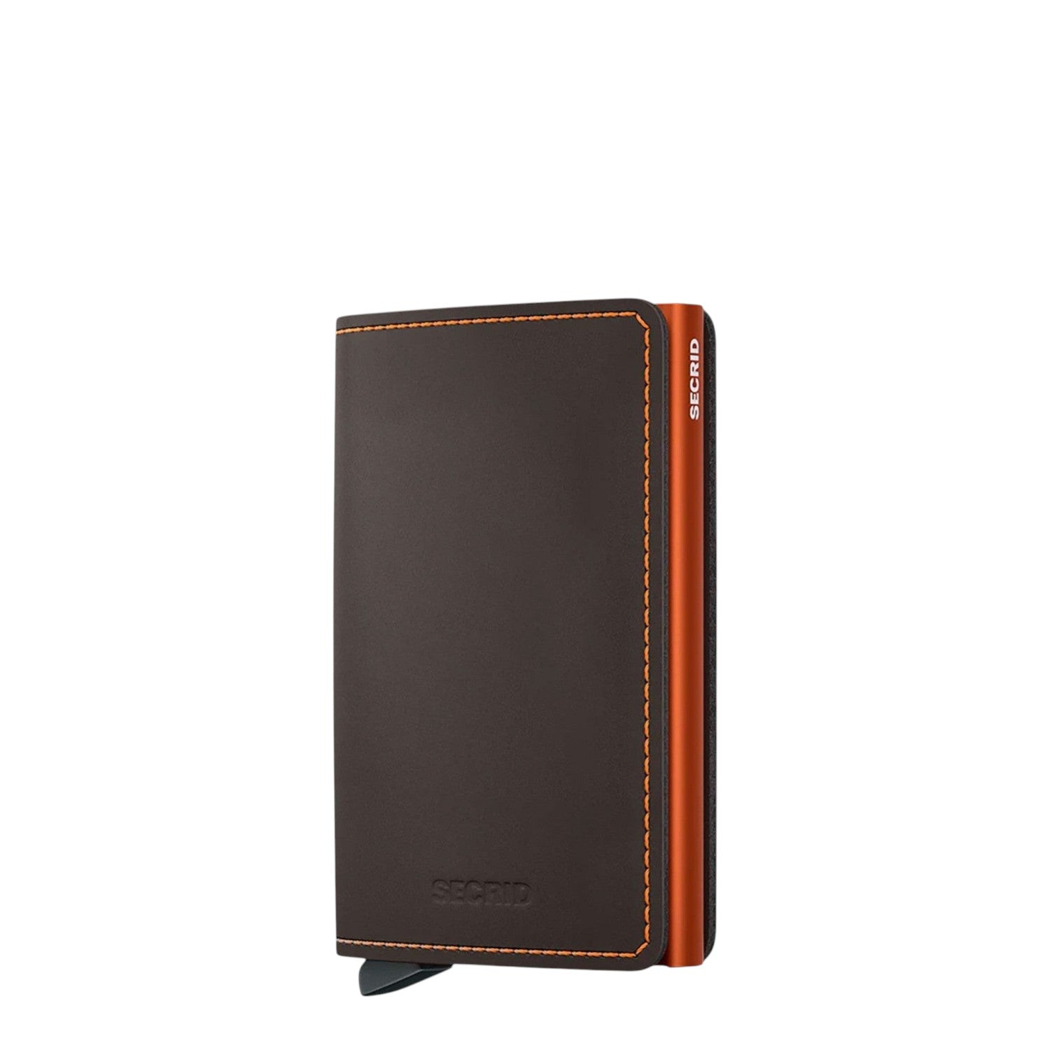 Lieblingstasche Secrid Slimwallet in matte brown leather with orange stitching and metallic orange card protector