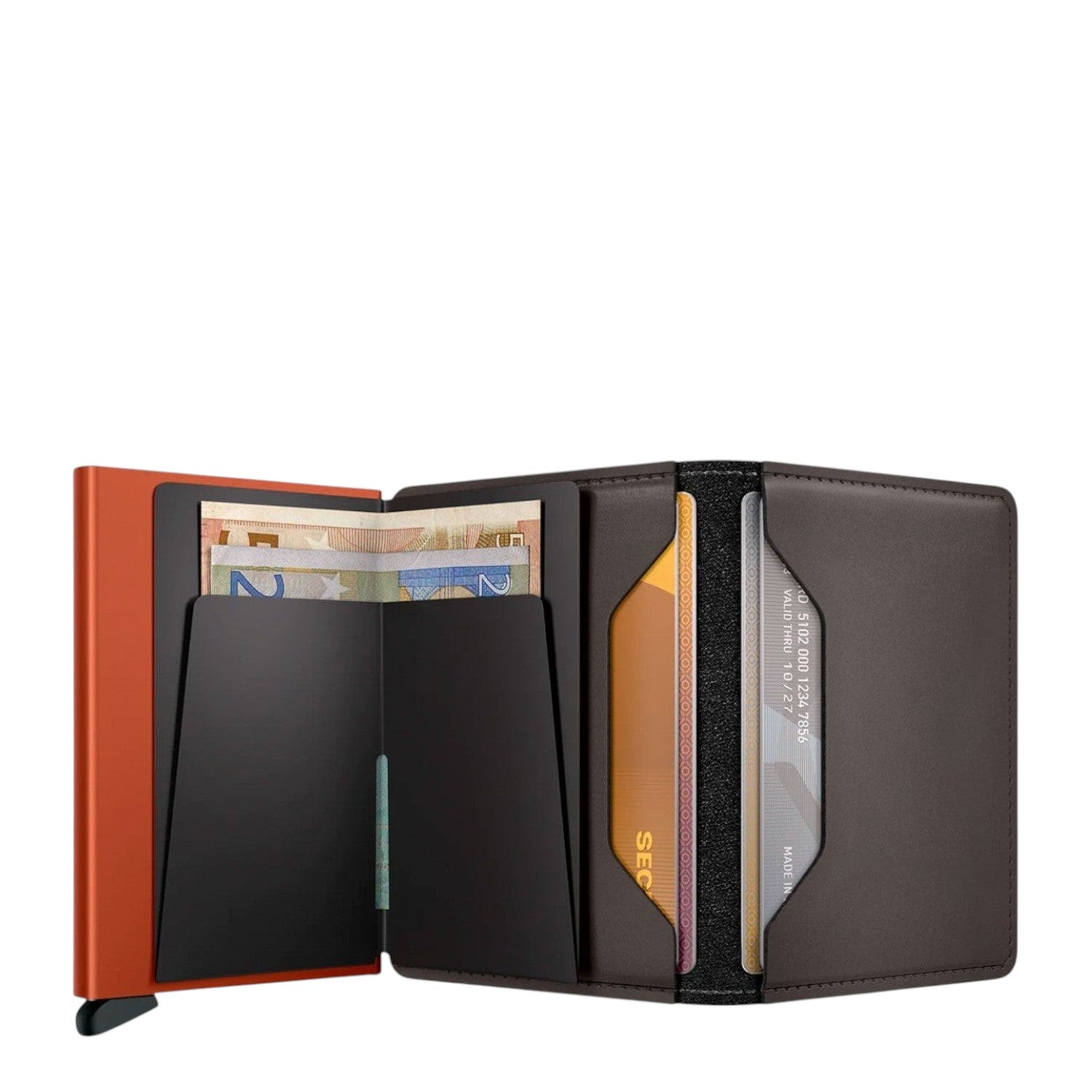 Lieblingstasche Secrid Slimwallet in brown leather with an orange card protector mechanism and internal card slots.