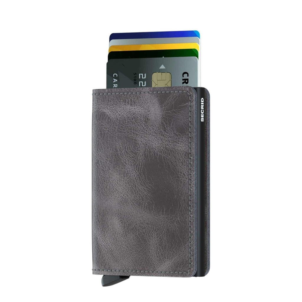 Lieblingstasche Secrid Slimwallet in grey vintage leather with RFID-protected card mechanism and card slots.