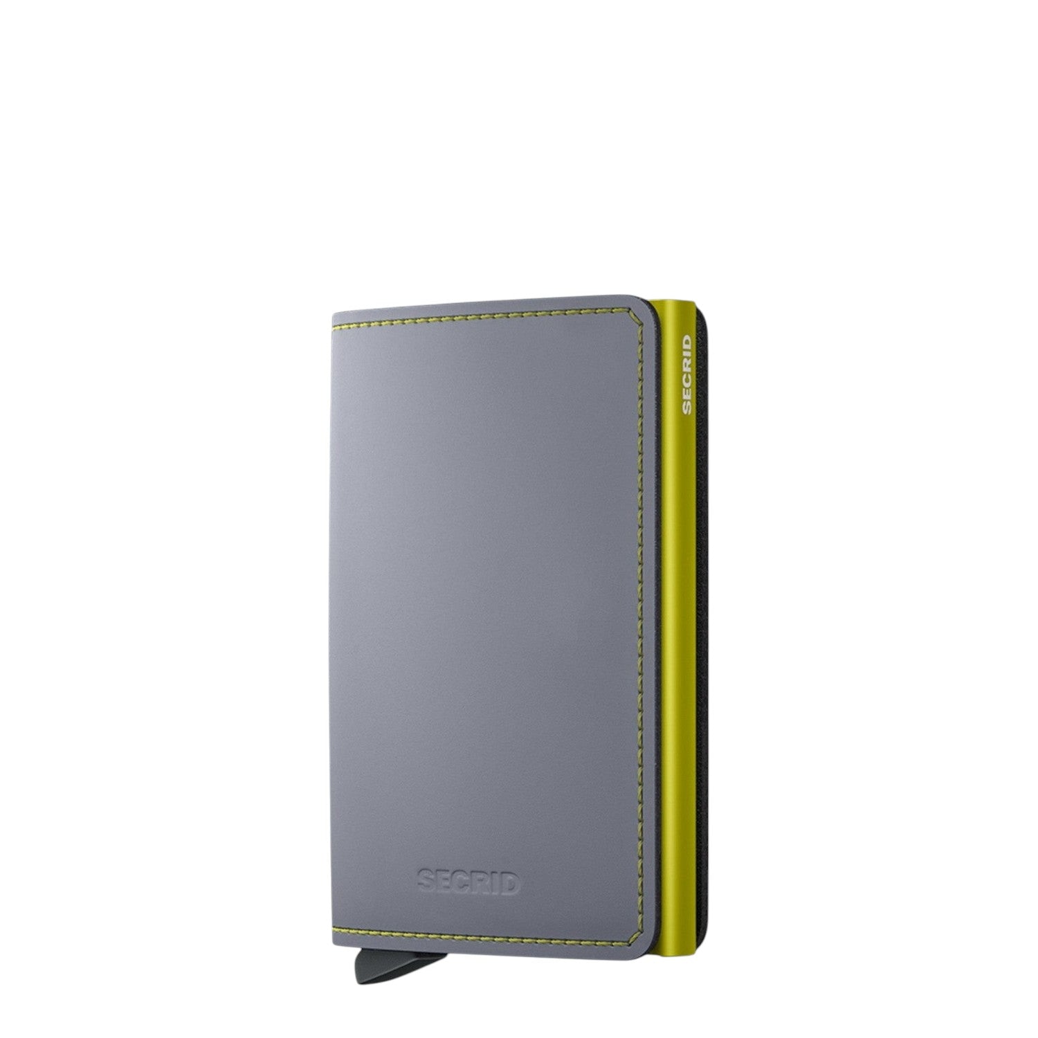 Lieblingstasche Secrid Slimwallet Matte in grey leather with a lime green card protector and contrast stitching.