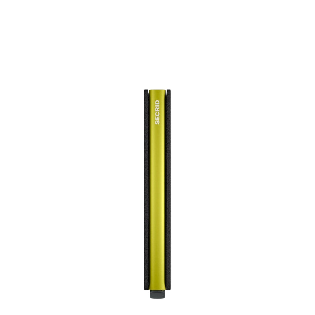 Lieblingstasche Secrid Slimwallet Matte in lime green, a slim RFID-protected card holder with a side profile view.