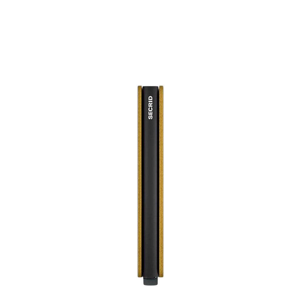 Lieblingstasche Secrid Slimwallet Matte in black and gold, showing the slim profile and card protector mechanism.