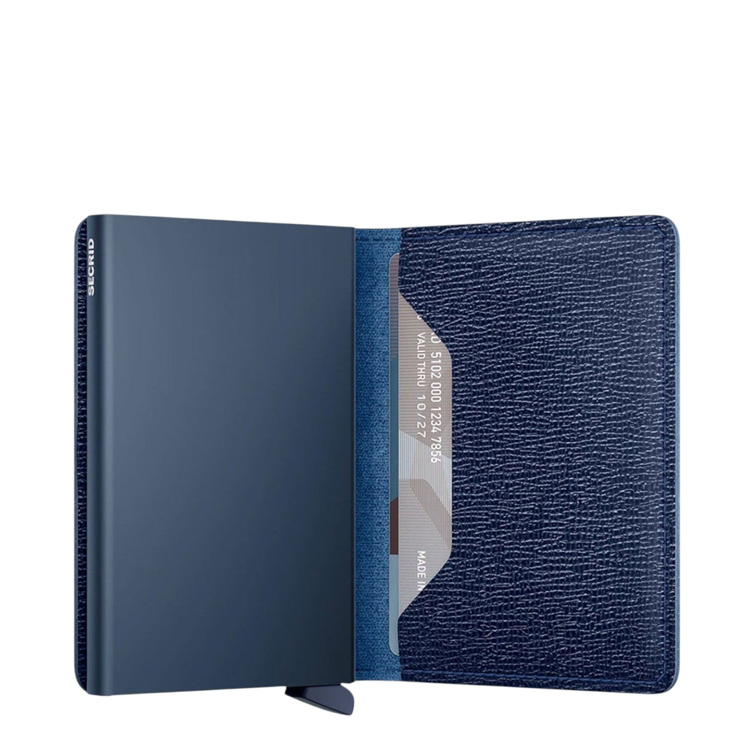 Lieblingstasche Secrid Slimwallet in navy blue leather with a metallic card protector and RFID protection.