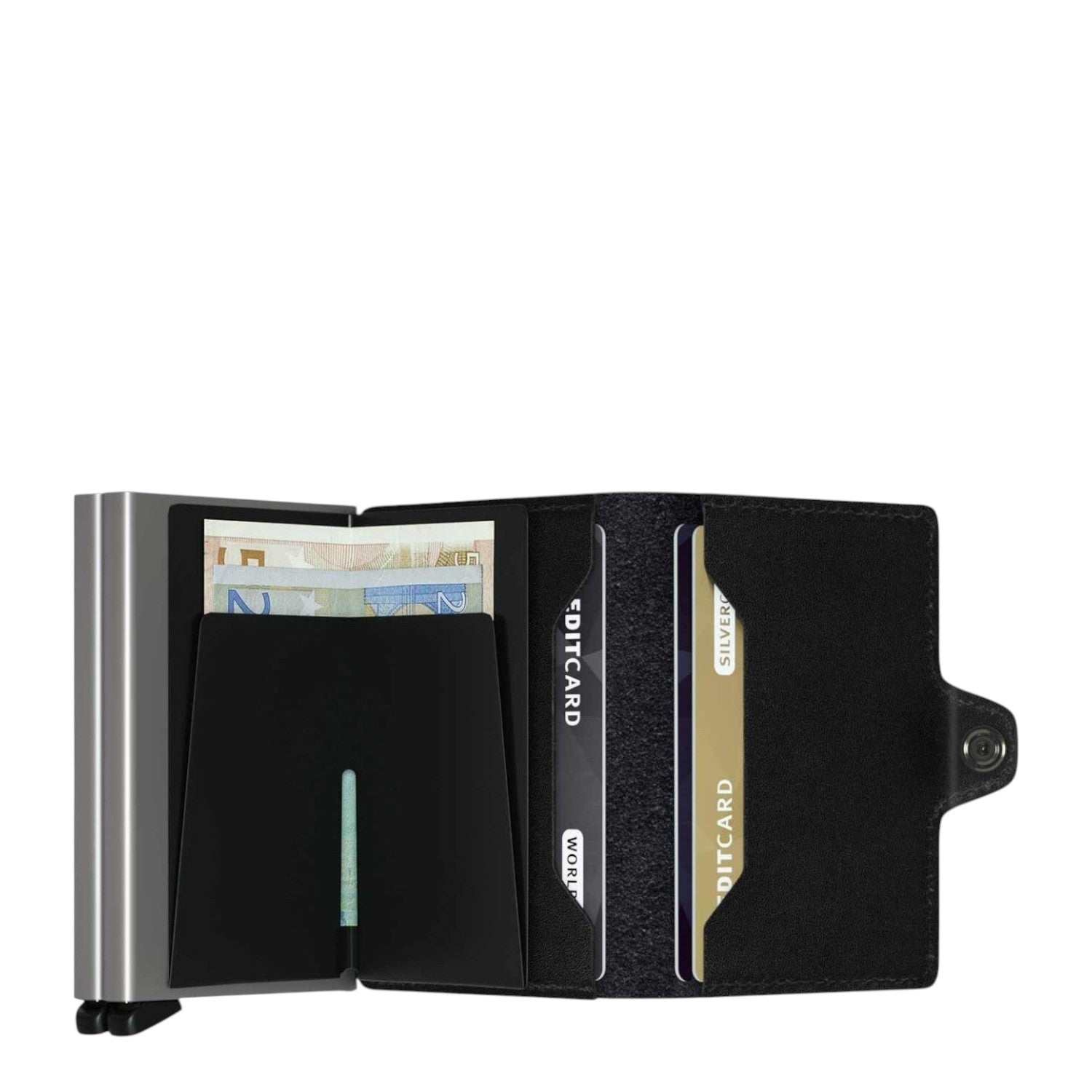 Lieblingstasche Secrid Twinwallet black leather card holder with RFID protection and dual card slots open view