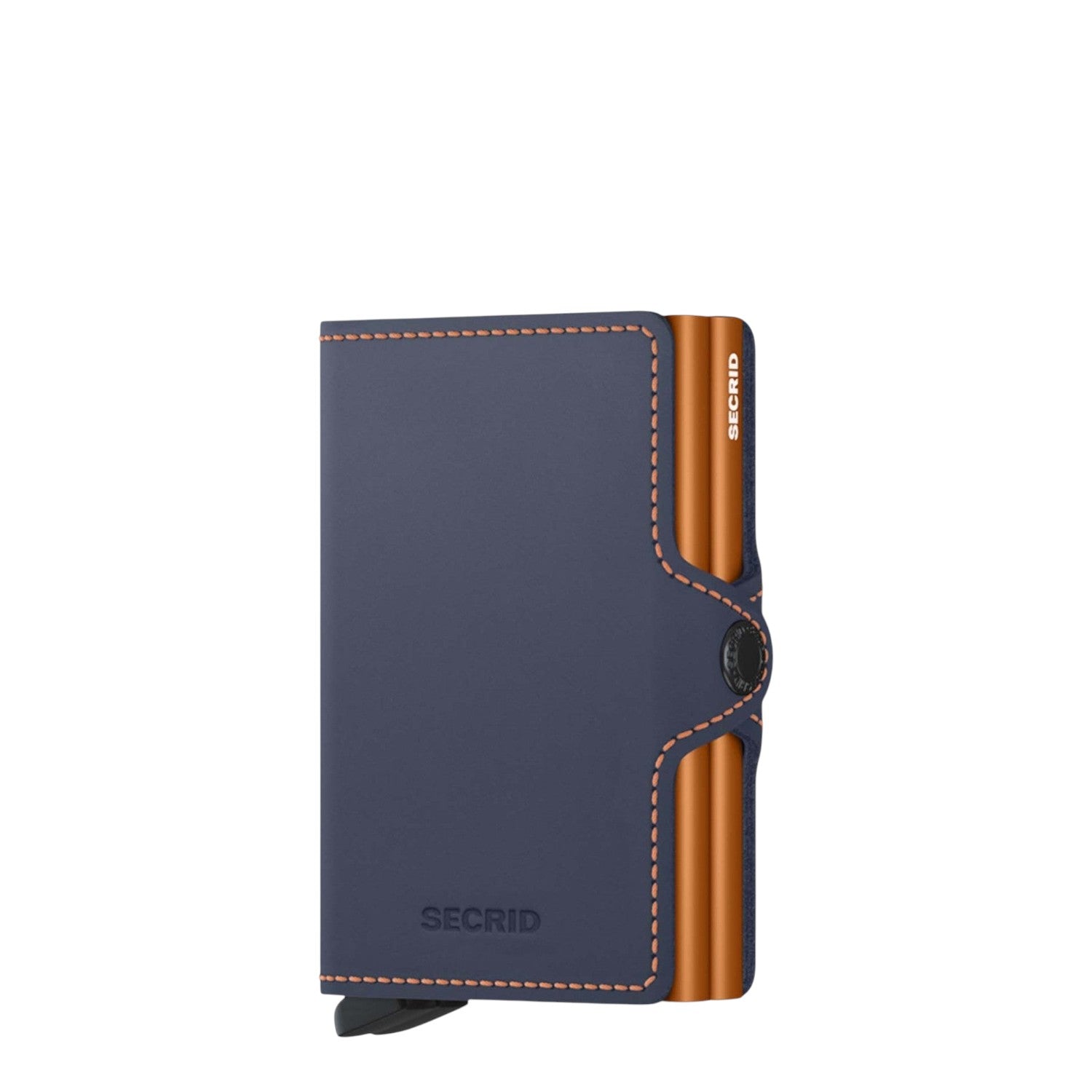 Lieblingstasche Secrid Twinwallet Matte in navy blue leather with orange stitching and dual metallic card protectors