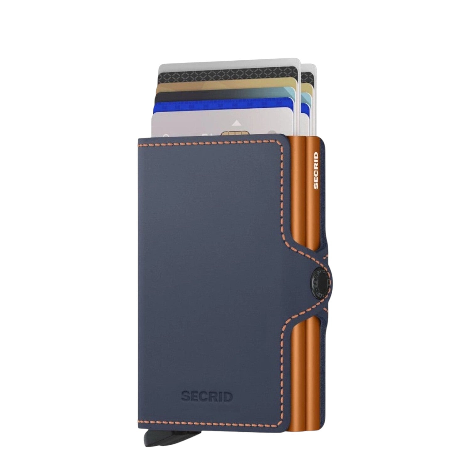 Lieblingstasche Secrid Twinwallet Matte in navy blue leather with orange contrast stitching and card access mechanism