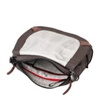 Lieblingstasche Sendai brown crossbody bag with open top, grid pattern lining, and red interior zipper detail.