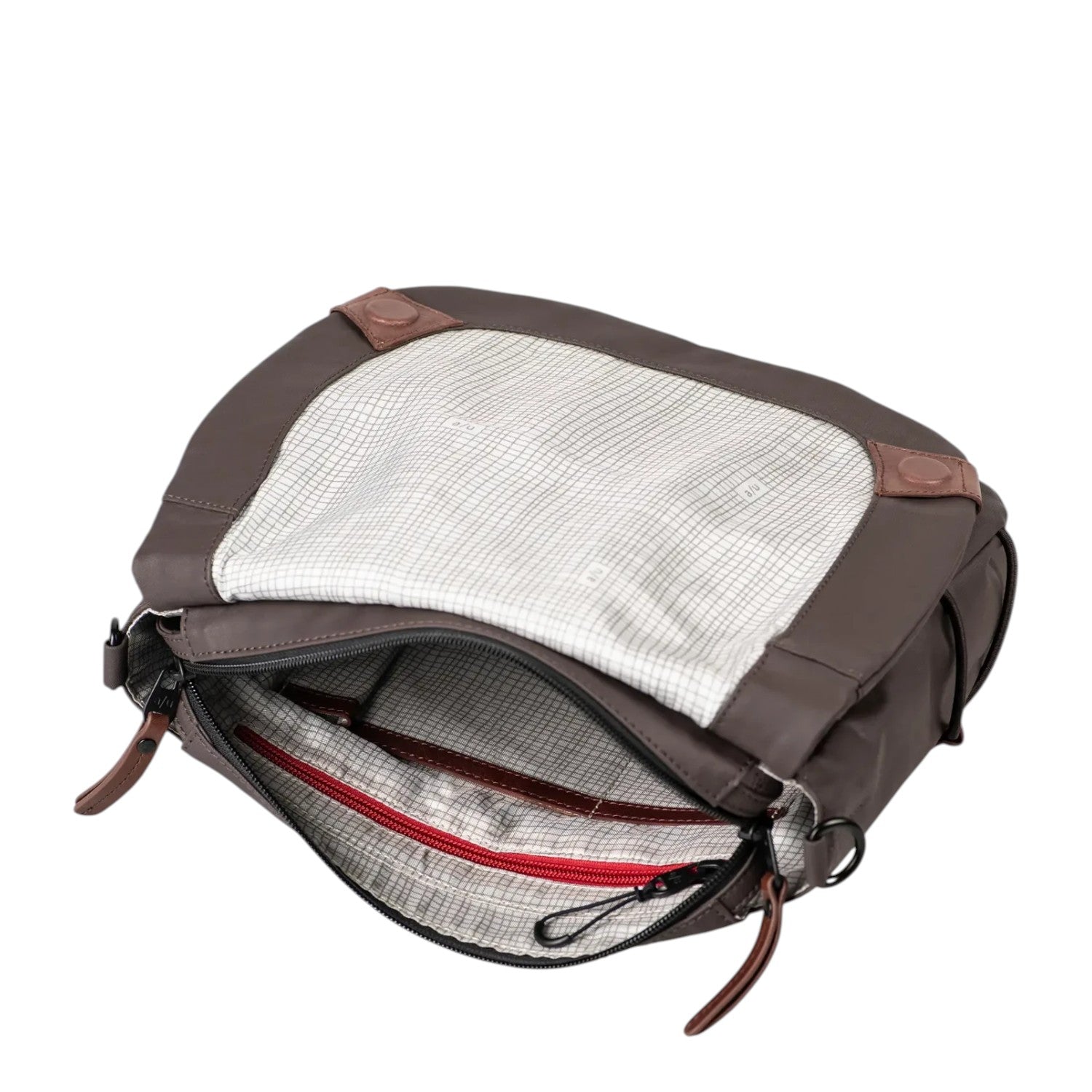 Lieblingstasche Sendai brown crossbody bag with open top, grid pattern lining, and red interior zipper detail.
