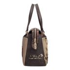 Lieblingstasche short handle bag in brown and beige tones with side zipper, textured panels, and gold embroidery.