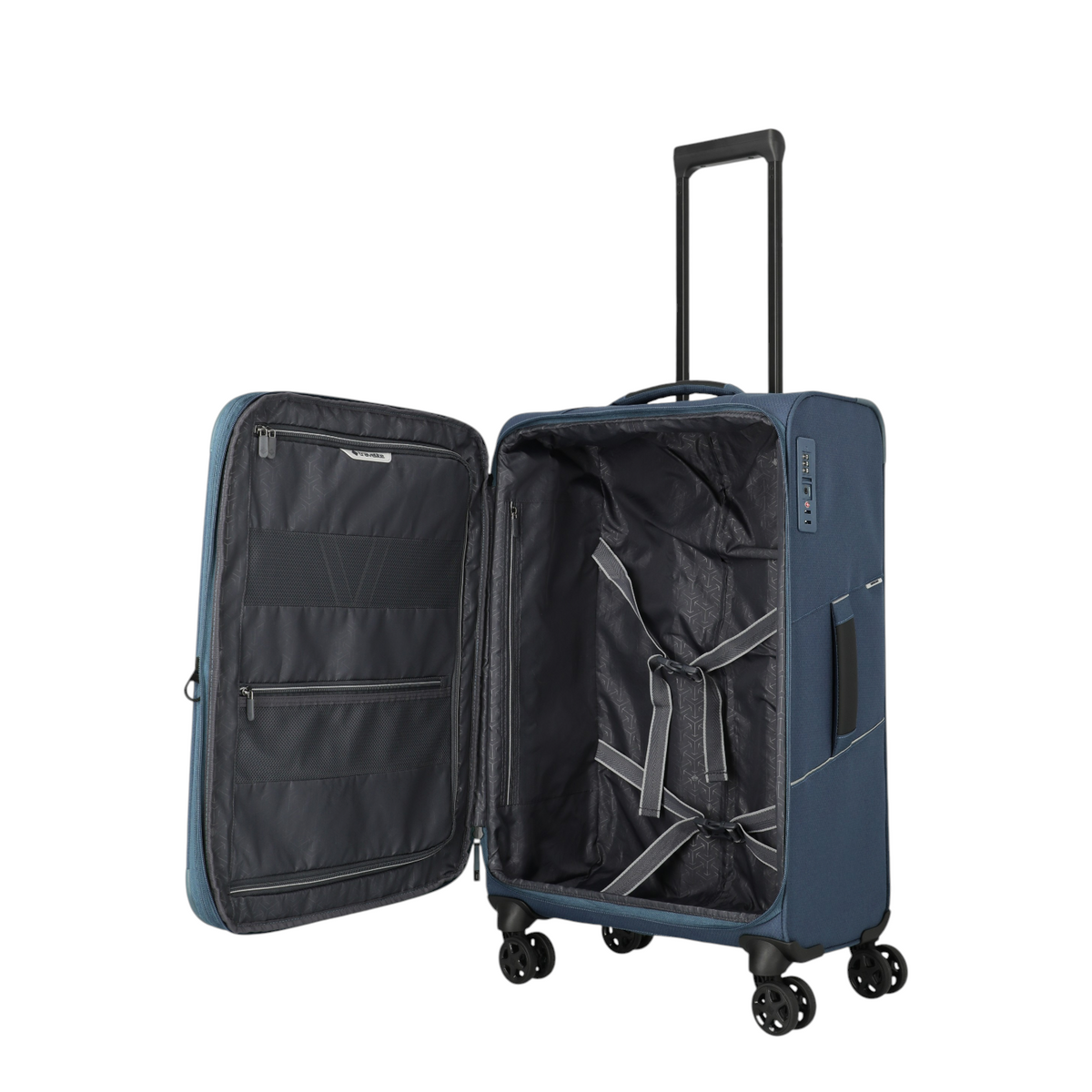 Lieblingstasche Skaii medium expandable 4-wheel suitcase in blue with open interior and packing straps