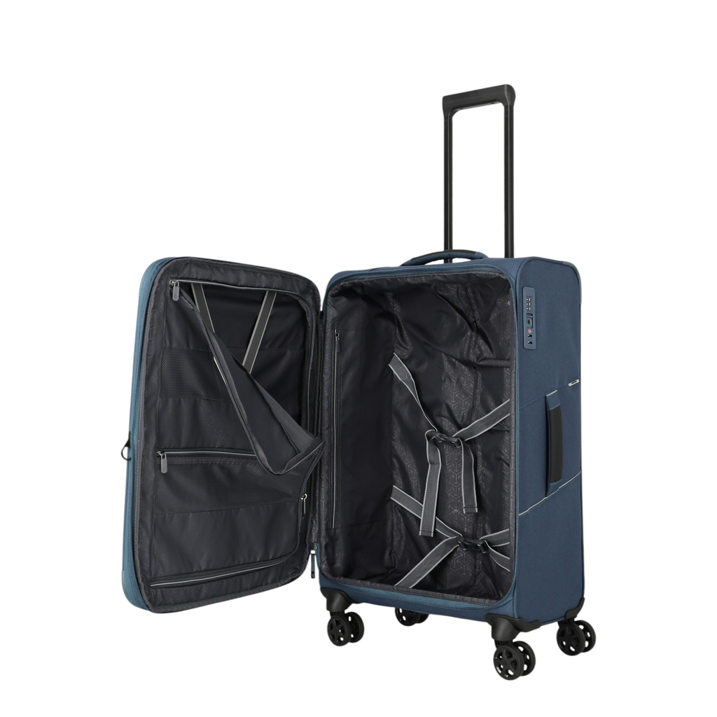 Lieblingstasche Skaii 4-wheel medium expandable suitcase in blue with open interior and packing straps