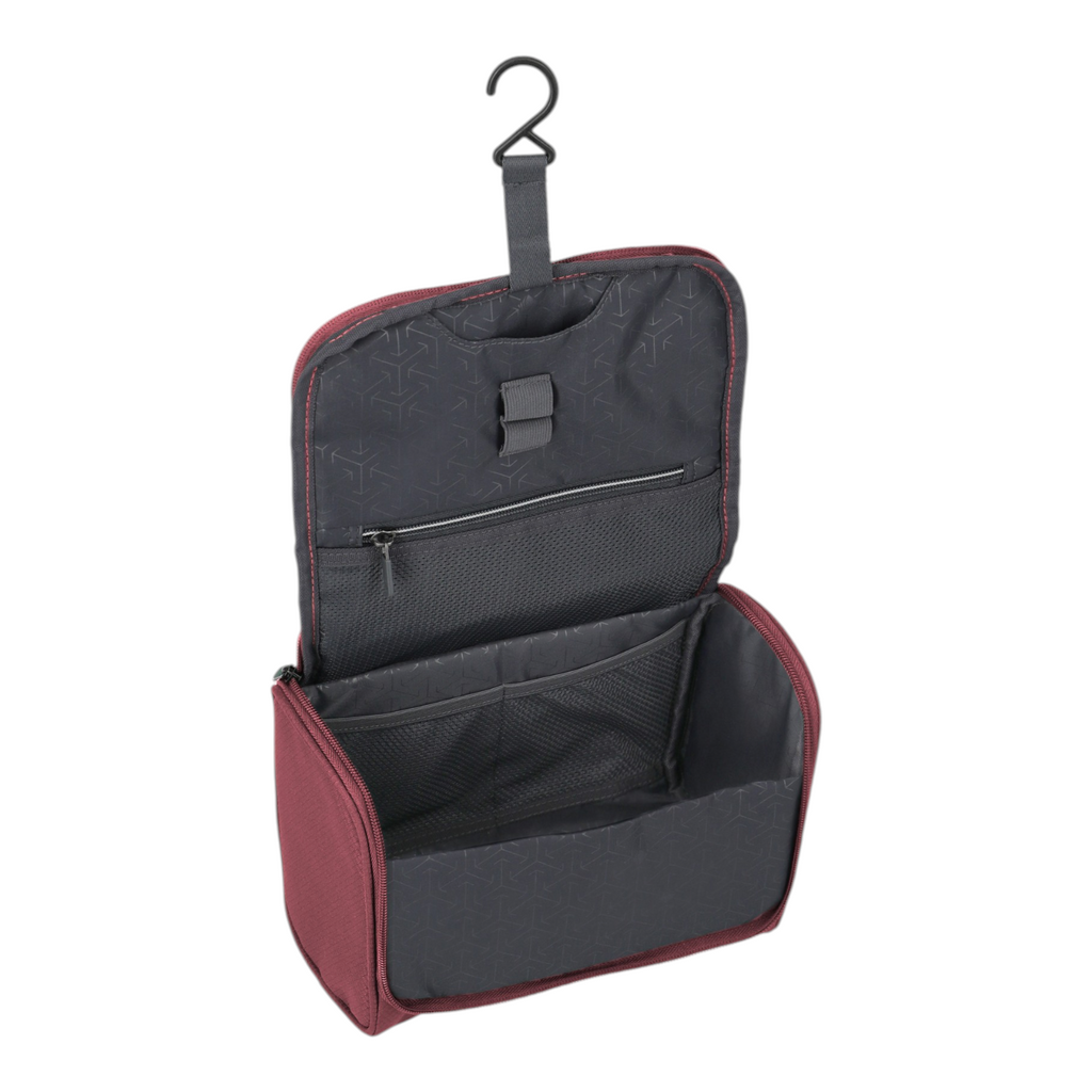 Lieblingstasche Skaii hanging toiletry bag in burgundy with internal mesh pockets and a convenient top hook