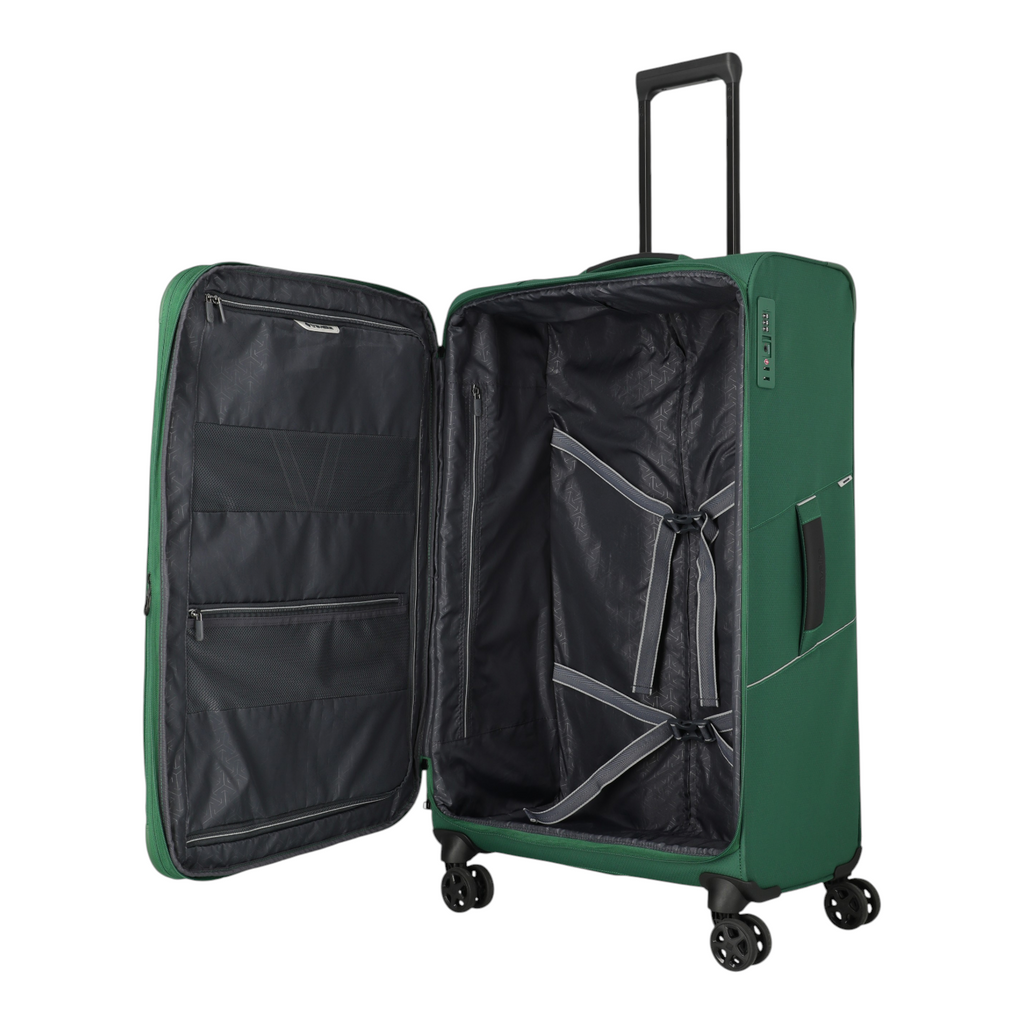 Lieblingstasche Skaii 4-wheel expandable trolley suitcase in green with open interior and packing straps