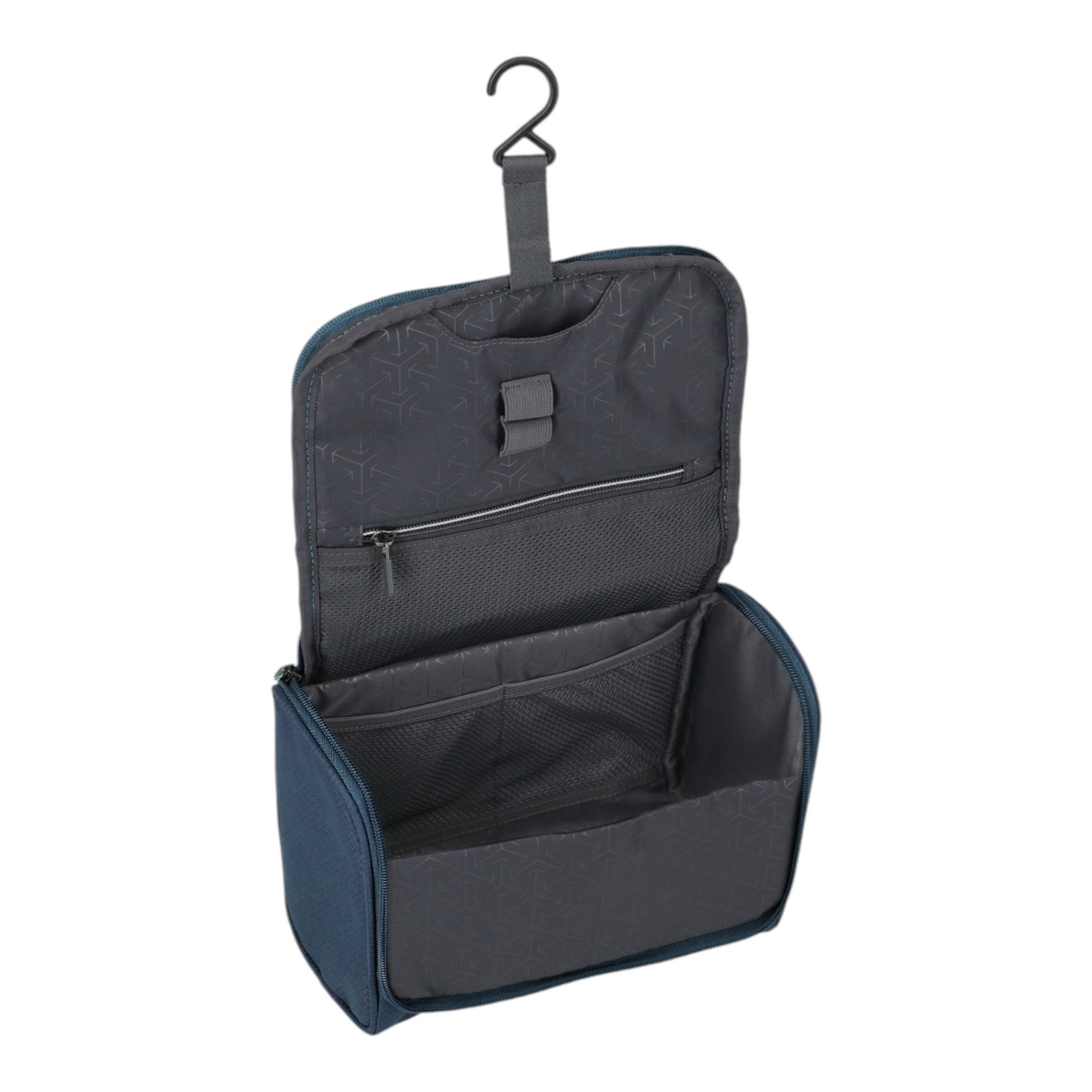 Lieblingstasche Skaii hanging toiletry bag in dark blue with an open interior, mesh pockets, and a sturdy hook.