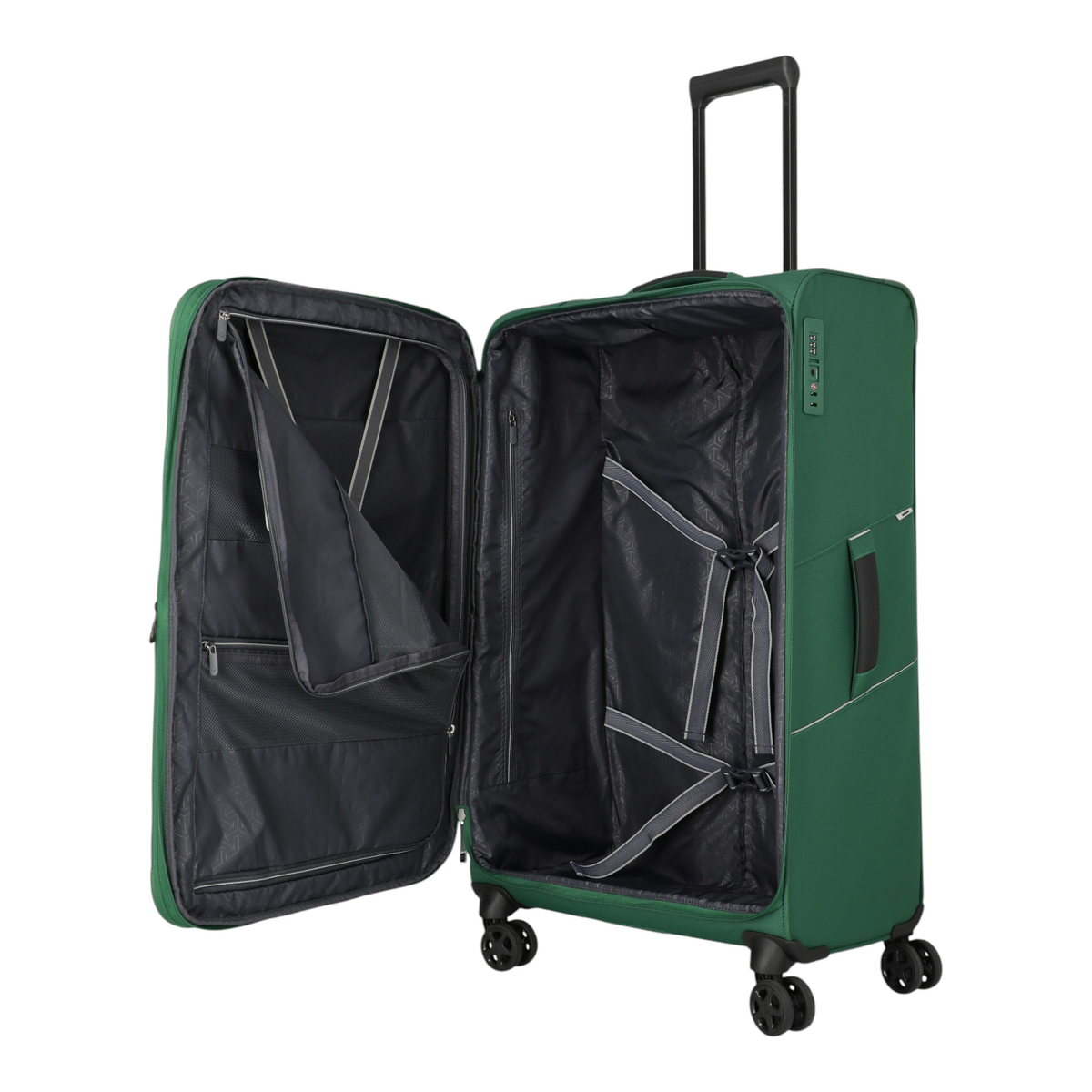 Lieblingstasche Skaii 4-wheel expandable large suitcase in dark green with open interior and packing straps