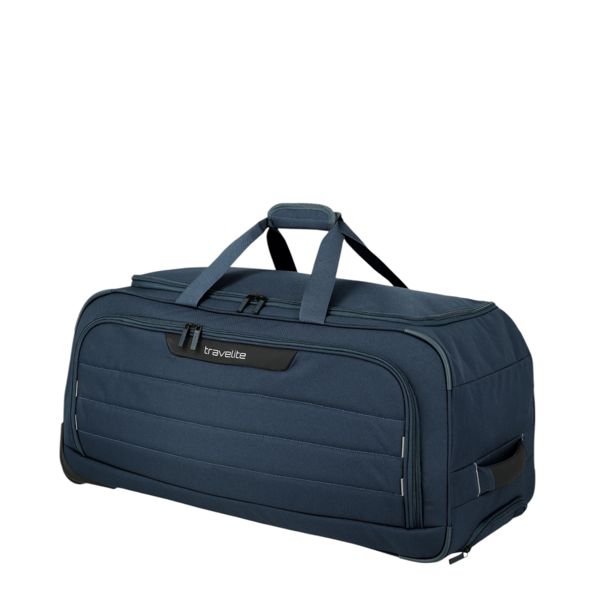 Lieblingstasche Skaii wheeled duffle bag in navy blue with durable fabric, top handles, and travelite branding.