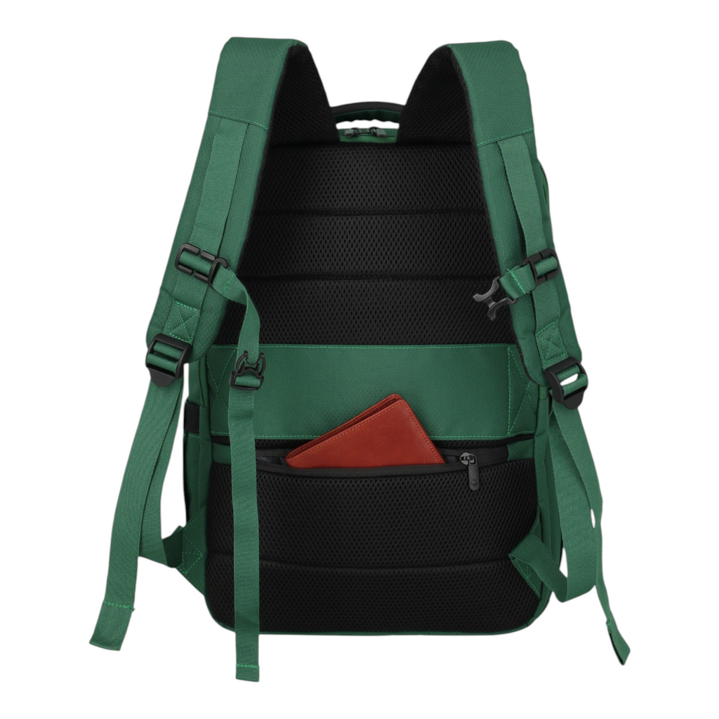 Lieblingstasche Skaii Rucksack M in green with padded black back panel and a small brown wallet in the zip pocket