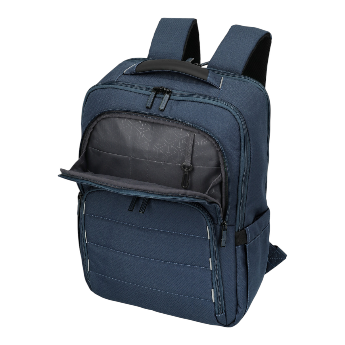 Lieblingstasche Skaii Rucksack M in dark blue with front pocket open, featuring durable fabric and padded straps.