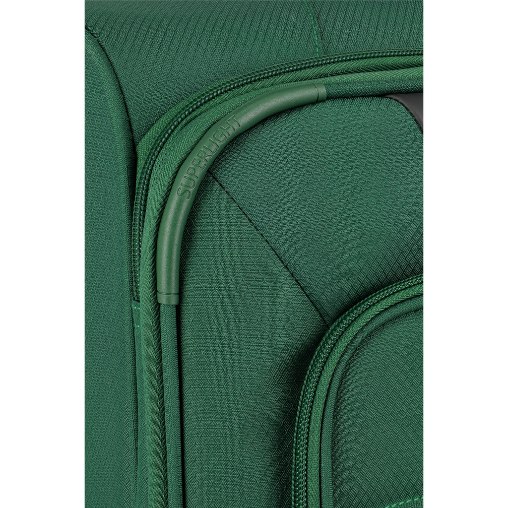 Close-up of a green Lieblingstasche Skaii trolley suitcase featuring durable fabric and a Superlight handle detail.